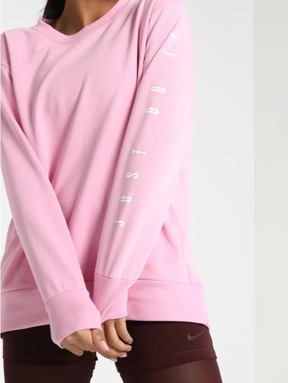 Nike Women's Dri Fit Pink Long-Sleeve Crew Sweatshirt with Sleeve Logo